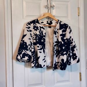 Grace Elements Black White Linen Blend 3/4 Sleeve Open Front Crop Jacket…